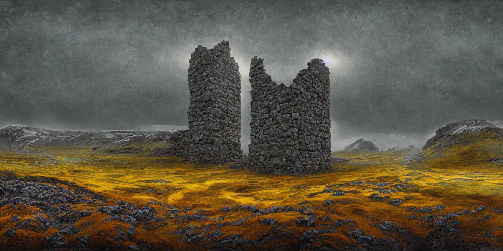 Prompt: A digital painting of Iceland´s gravel road monumental, old ruins tower of a dark misty, by Simon Stålenhag, sci-fi of Iceland landscape, light and shadow, overlaid with aizome patterns, Shin-hanga by Thomas Kinkade and Bob Ross, traditional Japanese colors, superior quality, masterpiece, featured, trending, award winning, HDR, HD, UHD, 4K, 8K, anamorphic widescreen
