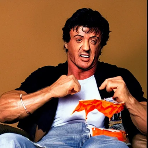 Image similar to sylvester stallone eating doritos sitting on a couch on mars