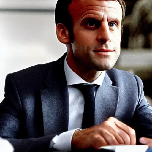 Image similar to photo of emmanuel macron in back to the future movie, full body shot, sharp focus, award - winning