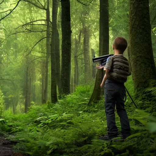 Image similar to in a background green forest, in foreground boy with shotgun, 8 k