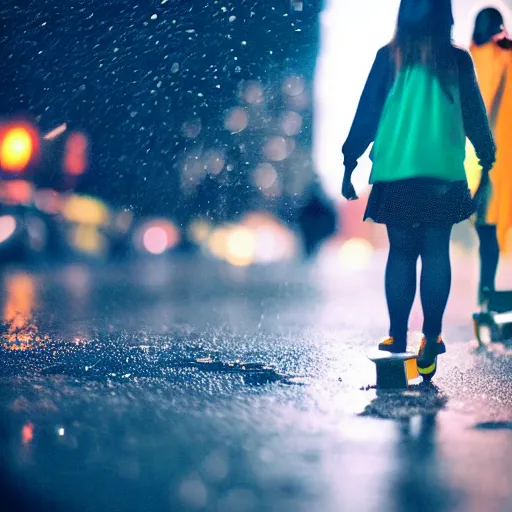 Prompt: schoolgirls riding skateboard at rainy night neon lit dark city back street moody photo bokeh depth of field lens flate