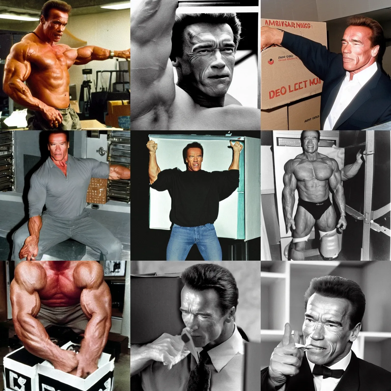 Prompt: arnold Schwarzenegger shitting in a box