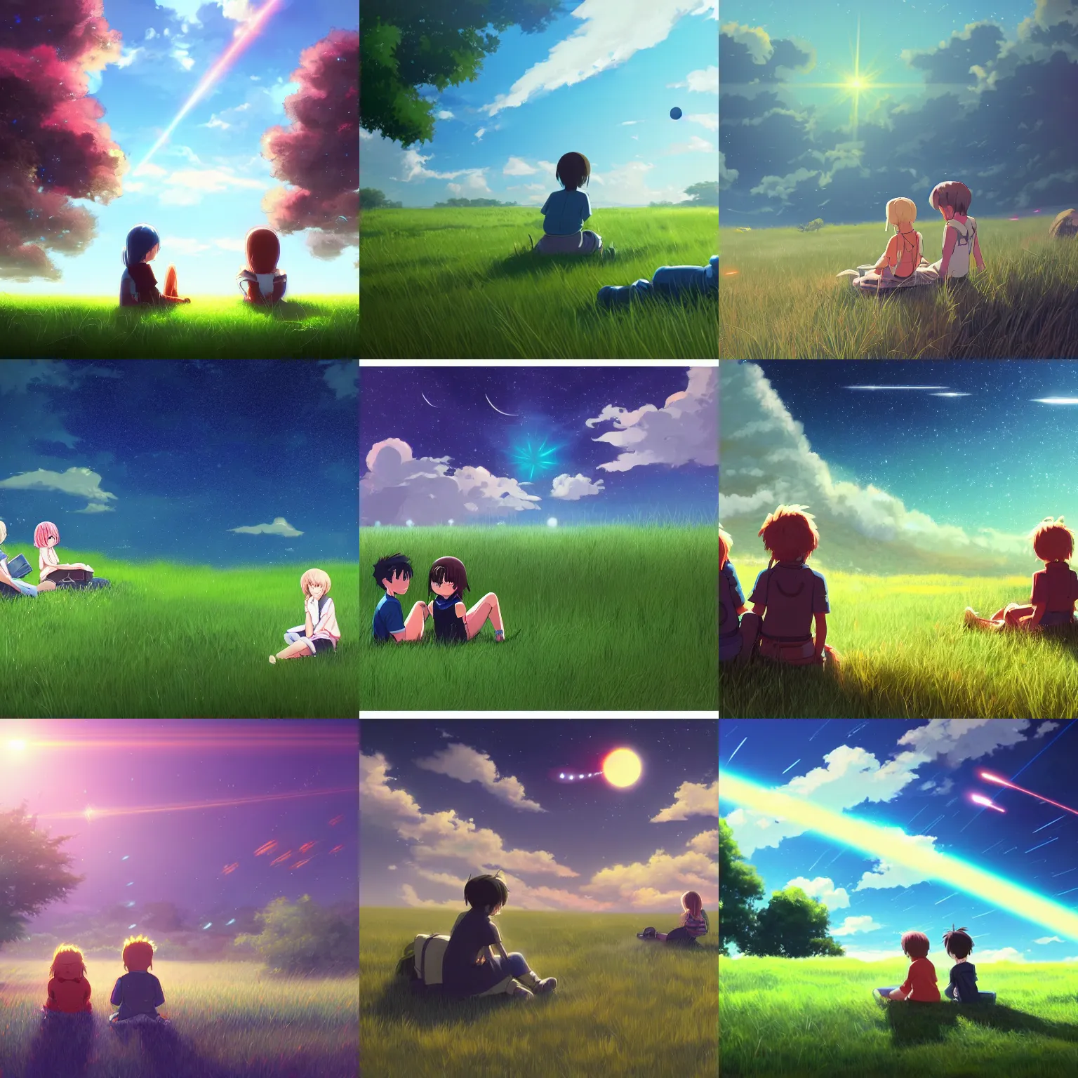 Prompt: beautiful, detailed digital painting of two children sitting on a grass field looking at a sky full of spaceships shooting bright lasers, anime by Makoto Shinkai, trending on artstation