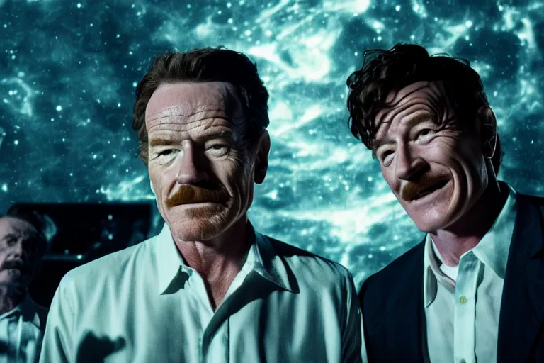 Image similar to film still of bryan cranston and jungkook in cosmic horror! the musical by david cronenberg, budapest street background, 3 5 mm film, atmospheric, ultra fine detail, film grain, photorealistic, hyperrealistic dramatic lighting