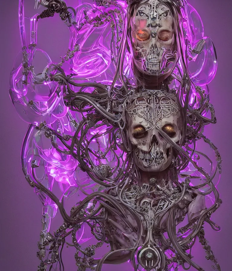 Prompt: fully symmetrical centered iridescent portrait of a beautiful princess of death in robe. skulls artificial muscles, ribcage, bones, hard surface modelling. cyberpunk look. biomechanical mask. bio luminescent biomechanical halo around head. neon jellyfish. artwork by jarold Sng by artgerm, by Eddie Mendoza, by Peter mohrbacher by tooth wu, unreal engine, octane render, cinematic light, high details, iridescent colors, dichroic, macro, depth of field, blur