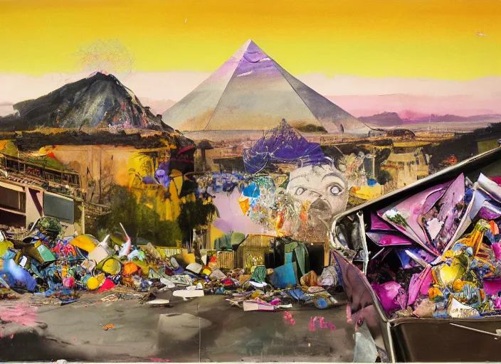 Image similar to dumpster with colorful huge baroque trash can, montain view landscape with a semitranslucent inverted floral pyramids, opaque shattered windows and twisted porcelain bats, in a golden sunset sky, by adrian ghenie, francis bacon, daniel richter and hilma af klint, highly detailed painting, graffiti letters, decollage, children painting, amateur