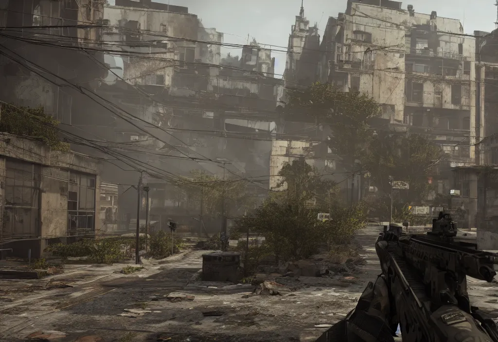 Image similar to still next - gen ps 5 game call of duty warzone 2 0 2 4 remaster, graphics mods, rain, mexican abandoned city, rtx reflections, abandoned buildings, photorealistic screenshot, unreal engine, 4 k, 5 0 mm bokeh, close - up hammer h 1, call of duty remastered, artstation