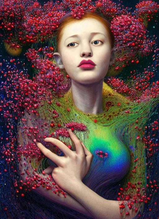 Image similar to hyper detailed 3d render like a Oil painting - Aurora (Singer) Eats of the Strangling Fruit and Her delicate Hands full of gossamer polyp blossoms bring iridescent fungal flowers whose spores black the foolish stars by Jacek Yerka, Mariusz Lewandowski, Houdini algorithmic generative render, Abstract brush strokes, Masterpiece, Edward Hopper and James Gilleard, Zdzislaw Beksinski, Mark Ryden, Wolfgang Lettl, hints of Yayoi Kasuma, octane render, 8k