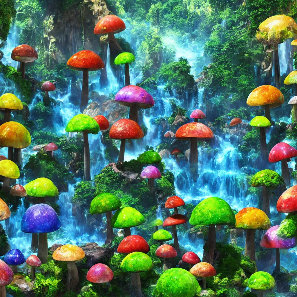 Image similar to colorful alien planet background, giant mushrooms, waterfall, tropical vegetation, landscape, rocks, anime, octane render, 4 k, ingame shot