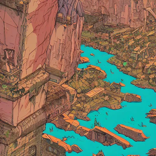 Image similar to cell shaded adult animation, a birds eye view overlooking a walled off ancient fantasy city being attacked by horrific monsters, surrounded by mountains and trees of greens and browns, rivers, concept art by josan gonzales and wlop, Laurie Greasley, Jordan Grimmer, Beksiński and james jean, highly detailed, sharp focus, Trending on Artstation, HQ, deviantart, art by artgem