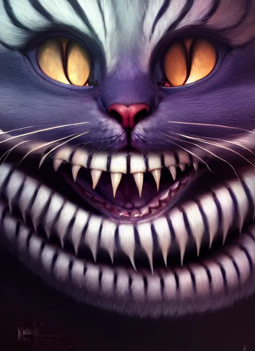 Image similar to cheshire cat, realistic, intricate, elegant, highly detailed, digital painting, artstation, concept art, smooth, sharp focus, illustration, art by wlop, mars ravelo and greg rutkowski