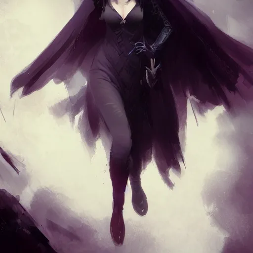 Image similar to female human vampire witch in the style of greg rutkowski, makoto shinkai, trending on artstation, character design, concept art, pretty face, highly detailed, long black hair, portrait, digital art