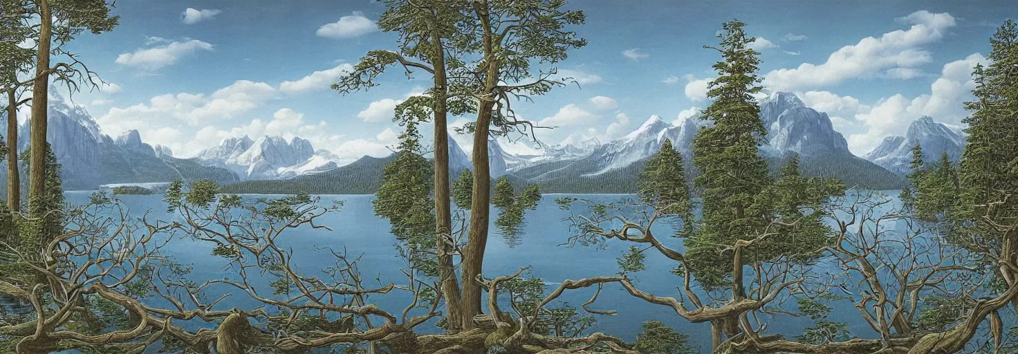 Prompt: escher painting of a lake, big trees reflecting on lake surface, mountains at background, snowy, ultra sharp, ultra detailed, horror emotion, colorized by salvador