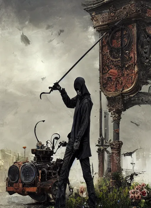 Image similar to grim reaper + scythe and black rose + kodachrome, 2 d, 3 d, ray tracing global illumination, insanely detailed and intricate, hypermaximalist, elegant, ornate, hyper realistic, super detailed : : by ismail inceoglu, by john constable