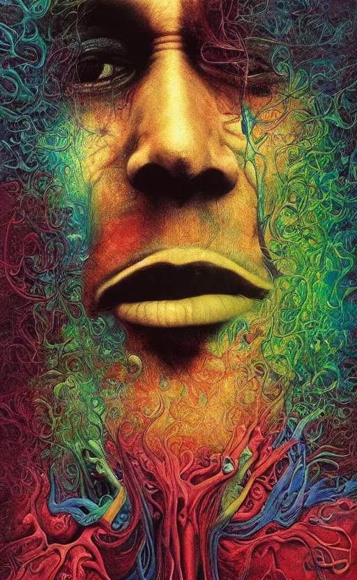 Image similar to colour masterpiece surreal closeup portrait photography of bob marley by miho hirano and annie leibovitz and michael cheval, weird surreal epic psychedelic complex biomorphic 3 d fractal landscape in background by kilian eng and roger dean and salvador dali and beksinski, 8 k