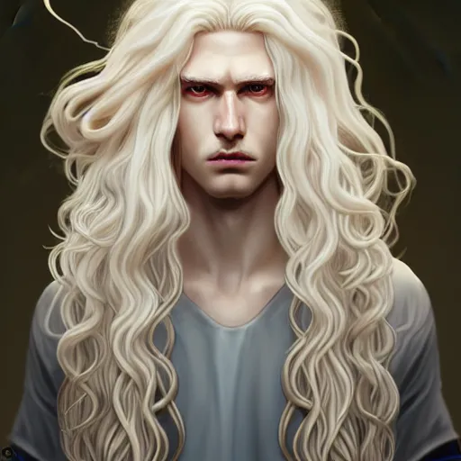 Image similar to Lucius the pale blond androgynous god of the sun, highly detailed, very very very long curly blond hair, extremely luscious curly blond hair, very very very pale white skin, digital painting, artstation, concept art, soft light, sharp focus, illustration