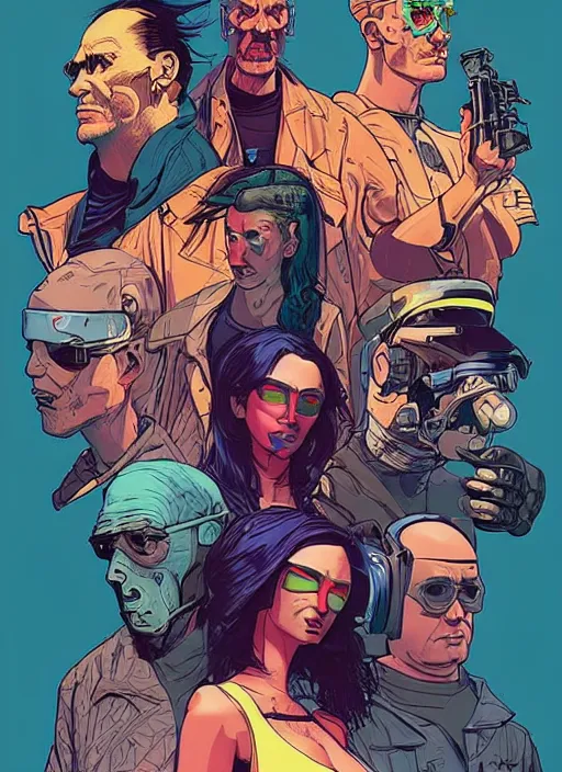 Image similar to cyberpunk heist crew. portrait by stonehouse and mœbius and will eisner and gil elvgren and pixar. character design. realistic proportions. dystopian. cyberpunk 2 0 7 7, apex, blade runner 2 0 4 9 concept art. cel shading. attractive face. thick lines.