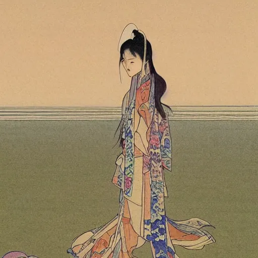 Image similar to a young asian woman with traditional robes walking on the sand in the desert, flowers on her head, fantastic castles in the distance, japanese art, illustration in the style of moebius, miyazaki, alphone mucha,