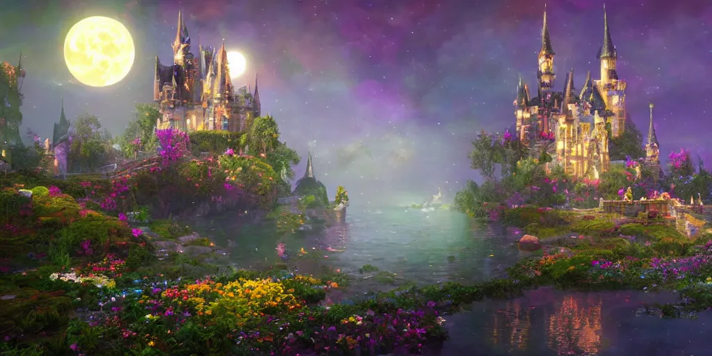 Image similar to a single glittering fairy castle at night, a full moon, water and colourful flowers, extremely detailed oil painting, unreal 5 render, fantasy digital art, octane render, beautiful composition, trending on artstation, award-winning photograph, masterpiece