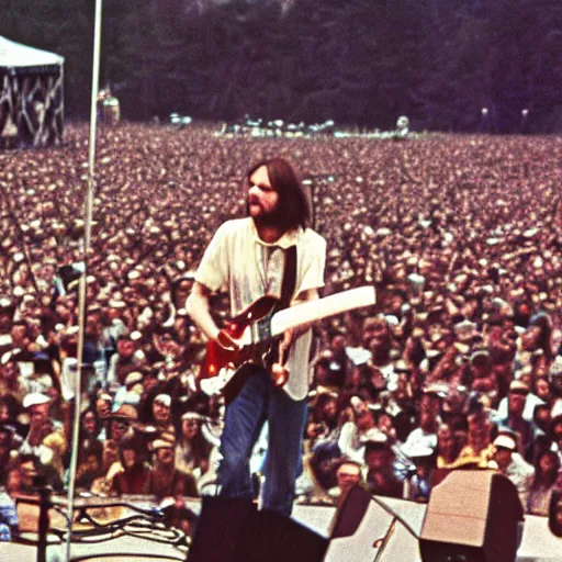 Prompt: high resolution photo of neil young on stage at woodstock in 1 9 6 9, award winning photography