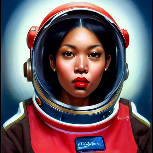 Image similar to a portrait of a very WOC beautiful woman in a spacesuit, brown eyes, shoulder-length black hair, red lips, bored, illustration, soft lighting, soft details, painting oil on canvas by mark arian by artgerm, trending on artstation, 4k, 8k, HD