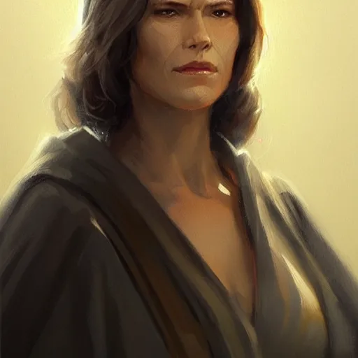 Image similar to portrait of a woman by greg rutkowski, grand jedi master jaina solo, star wars expanded universe, she is about 6 0 years old, wearing jedi robes, highly detailed portrait, digital painting, artstation, concept art, smooth, sharp foccus ilustration, artstation hq