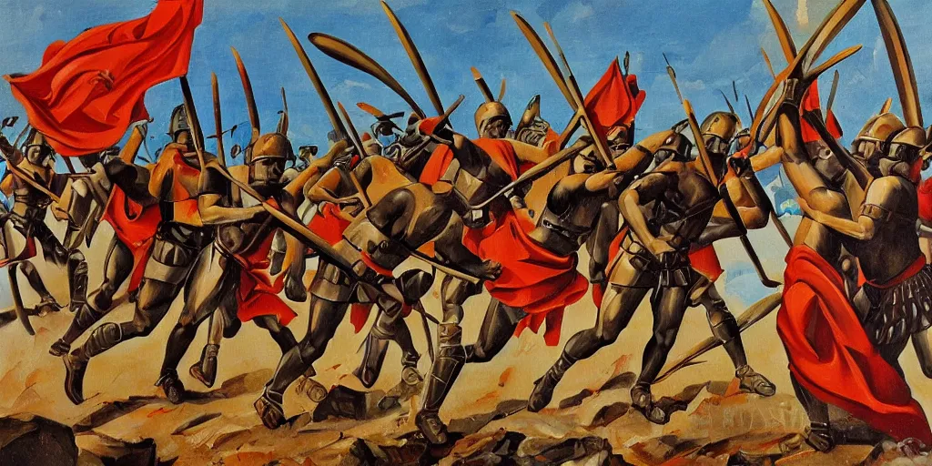 Image similar to italian futurism style painting of greek hoplites at war