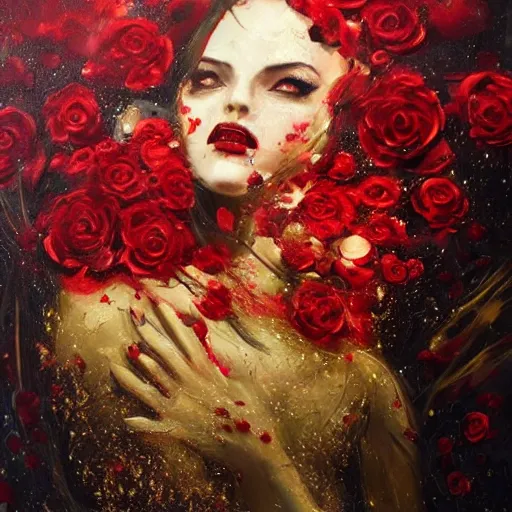 Image similar to red like roses fills my dreams and brings me to the place you rest. | white is cold and always yearning, burdened by a royal test. | black the beast descends from shadows. | yellow beauty burns gold. abstract oil painting. beautiful woman. fantasy. concept art. rwby. highly detailed and colorful.