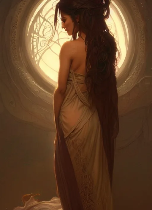 Image similar to cute brown woman wearing a transparent night gown, fantasy, intricate, highly detailed, digital painting, artstation, concept art, wallpaper, smooth, sharp focus, illustration, art by artgerm and greg rutkowski and alphonse mucha