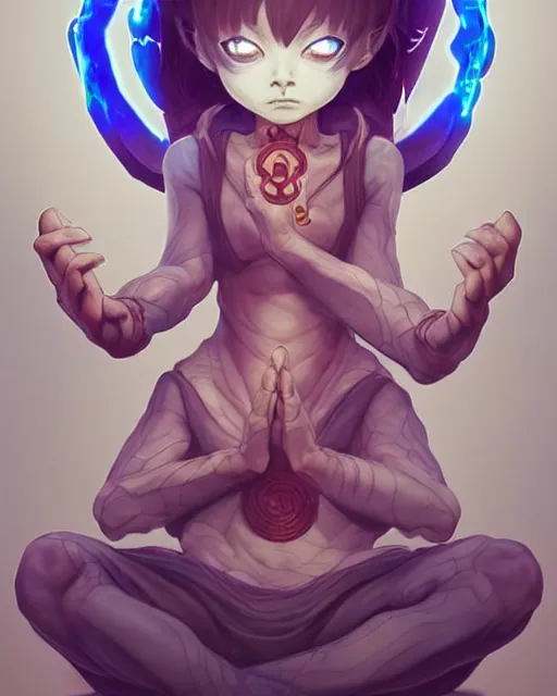 Image similar to a tiny cute demon floating while meditating and wrapped in sacred scrolls, smooth, intricate, elegant, digital painting, artstation, power runes, pulsing energy, concept art, sharp focus, octane render, illustration, art by shintaro kago and josan gonzalez, overwatch character,