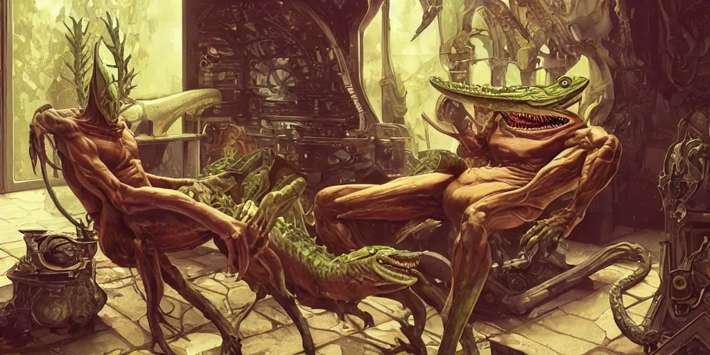 Image similar to lizardman lounging in a chair in front of an oven, fantasy, highly detailed, digital painting, concept art, matte, sharp focus, illustration by artgerm, art by greg rutkowski, art by alphonse mucha