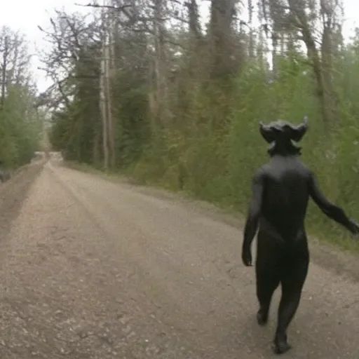 Image similar to dashcam photo of a humanoid devil monster caught in the woods, dark, heavy, night,