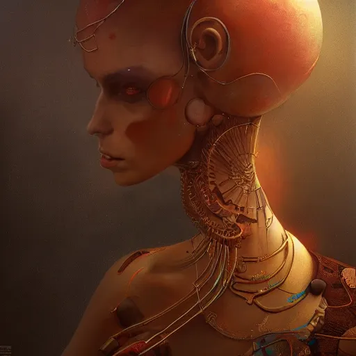 Image similar to beautiful portrait of imposing biomechanical Djinn by charlie bowater, mandy jurgens, gustav klimt, octane render, 4k, high detail, by tom bagshaw, powerful