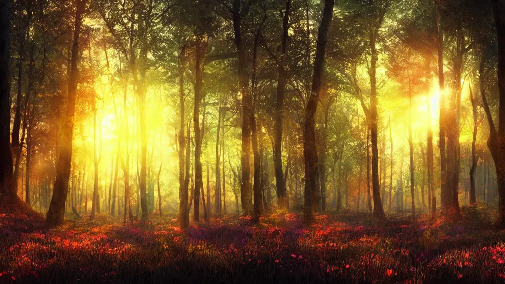 Prompt: Beautiful sunset in rug woods with backlight ” Beautiful Dreamscape, Digital art, concept art, detailed, lovely colors, Art station,3-D 4K, beautiful background, matte painting, ,