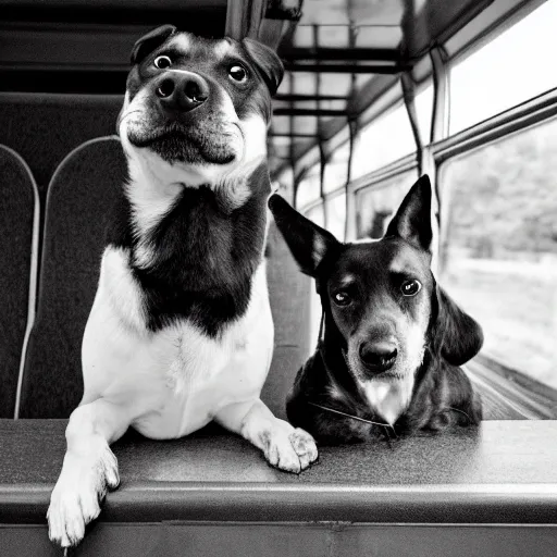 Image similar to a photo of two dogs sitting in front of the bus, hd award winning photograph, high detailed, 2001 style