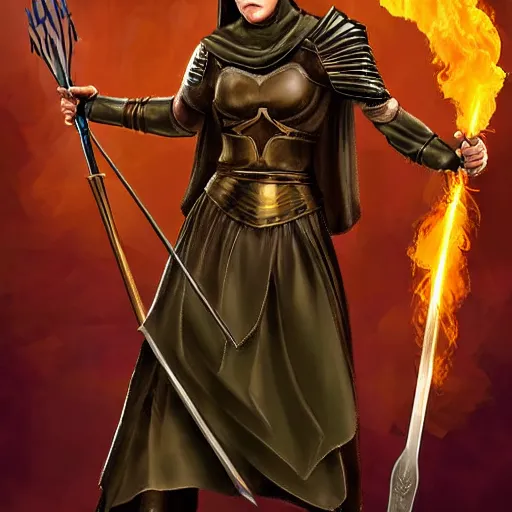 Image similar to A celtic-looking valkyrie nun wearing lightweight armor and wielding a splinter sword, at night, with a flame arrow rain on the background, award-winning digital art