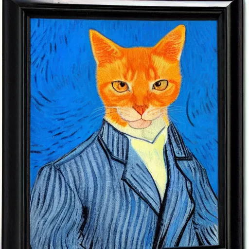 Image similar to a portrait of a ginger orange cat with it's whole head visible, wearing a light blue suit, by Vincent Van Gogh