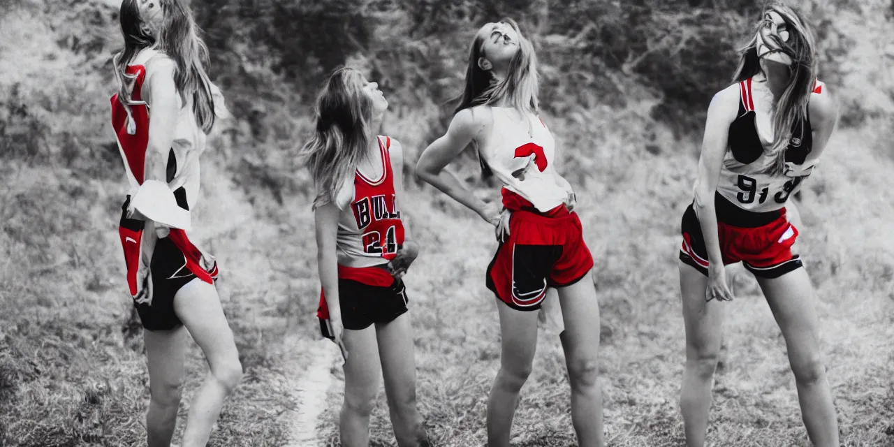 Prompt: attractive woman in bulls jersey and short shorts, high contrast, high saturation cinematic film still, fashion photography