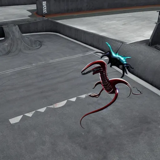 Prompt: xenomorph skateboarding in a skatepark, photorealistic, accurate