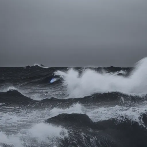 Image similar to dark ocean, towering waves, grey - scale, highly turbulent, deep focus, dark sky, high point of view