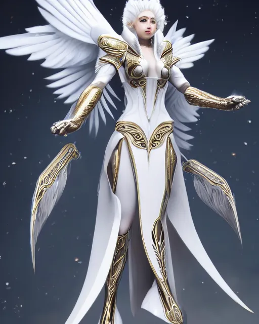 Image similar to perfect white haired egyptian goddess wearing white dove wings, warframe armor, regal, attractive, ornate, sultry, beautiful, ice queen, half asian, pretty face, blue eyes, detailed, scifi platform, 4 k, ultra realistic, volumetric lighting, illuminated, cinematic, masterpiece, art by akihito tsukushi, voidstar