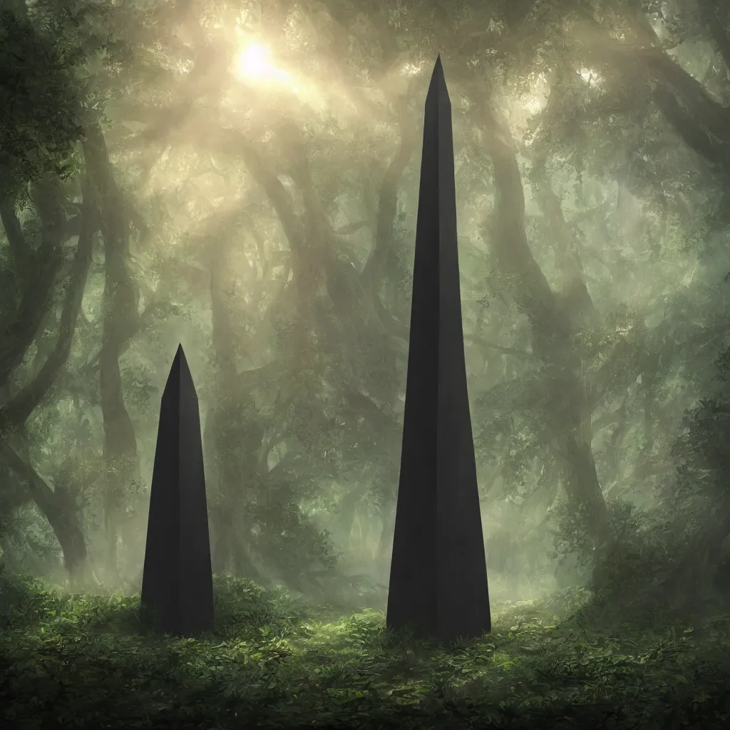 Prompt: a black obelisk covered in foliage deep in a mystical grove, god rays, warm natural lighting, trending on artstation, 4k, award-winning fantasy art, beautiful somber melancholic atmosphere,