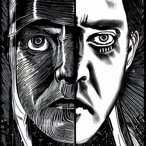 Image similar to Obi-Wan Kenobi portrait in the style of Junji Ito. Manga. Black & White. Gothic. Horror. Extremely detailed. 4K.