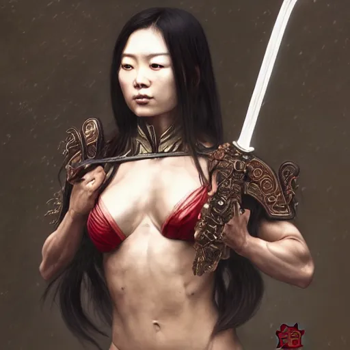 Image similar to painting of dark muscular oiled chinese woman, bloody, carrying a sword, symmetric, ultra realistic, concept art, intricate details, eerie, highly detailed, photorealistic, octane render, 8 k, unreal engine. art by artgerm and greg rutkowski and alphonse mucha