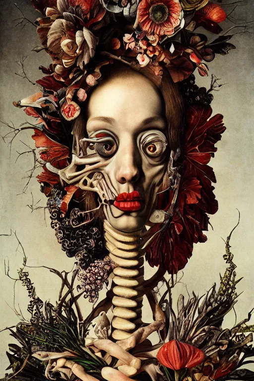 Image similar to Detailed maximalist portrait with large lips and with large, wide eyes, sad expression, extra bones, flesh, HD mixed media, 3D collage, highly detailed and intricate, surreal, botany, illustration in the style of Caravaggio, dark art, baroque