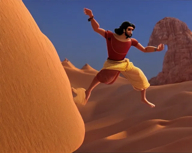 Image similar to a brown man aladdin floating on a magical carpet ride over the arabic desert. realistic 16k footage.