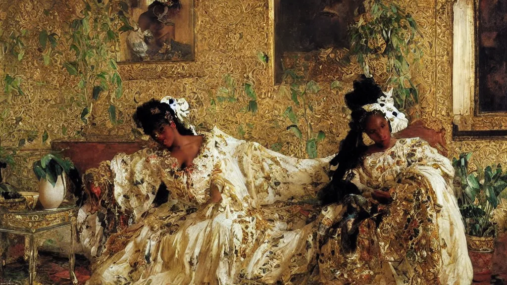 Image similar to high quality high detail painting by ilya repin, black woman in a white room with many plants, intricate costume design, orientalist, partially gold, ornate, elite, luxury, hd