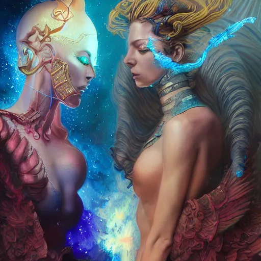 Prompt: beautiful gemini good and evil fantasy female character portrait, highly saturated colors, ultra realistic, wide angle, intricate details, the fifth element artifacts, holographic undertones, highly detailed by peter mohrbacher, hajime sorayama, wayne barlowe, boris vallejo, aaron horkey, gaston bussiere, craig mullins