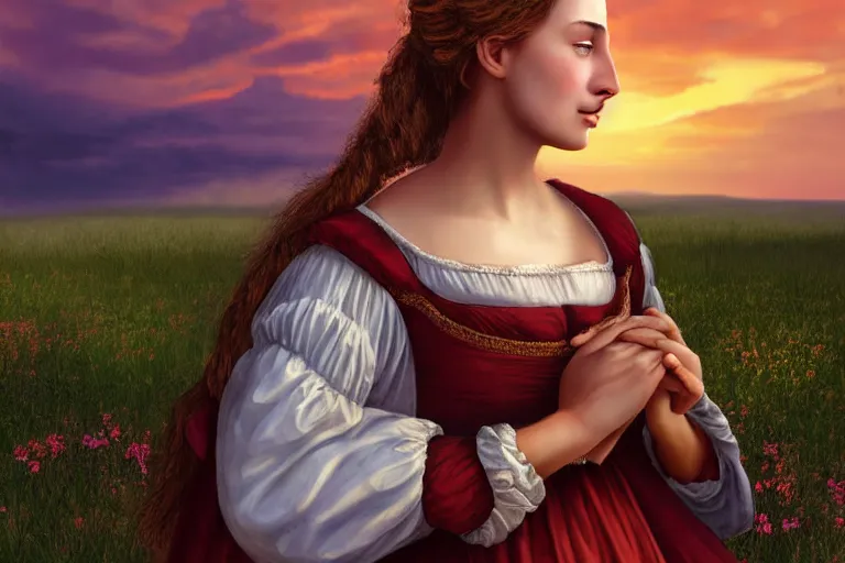 Prompt: a pretty girl crying with a renaissance dress and with the sunset in the background near a thumbstone. highly detailed digital art. full body. serene lighting, sharp focus