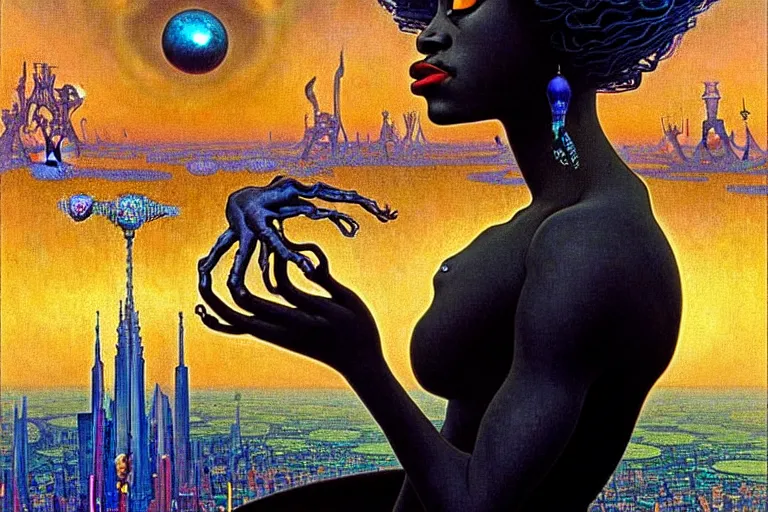 Image similar to realistic extremely detailed portrait painting of a beautiful black woman with an alien, city street on background by Jean Delville, Amano, Yves Tanguy, Ilya Repin, Alphonse Mucha, Ernst Haeckel, James C. Christensen, Edward Robert Hughes, Roger Dean, rich moody colours